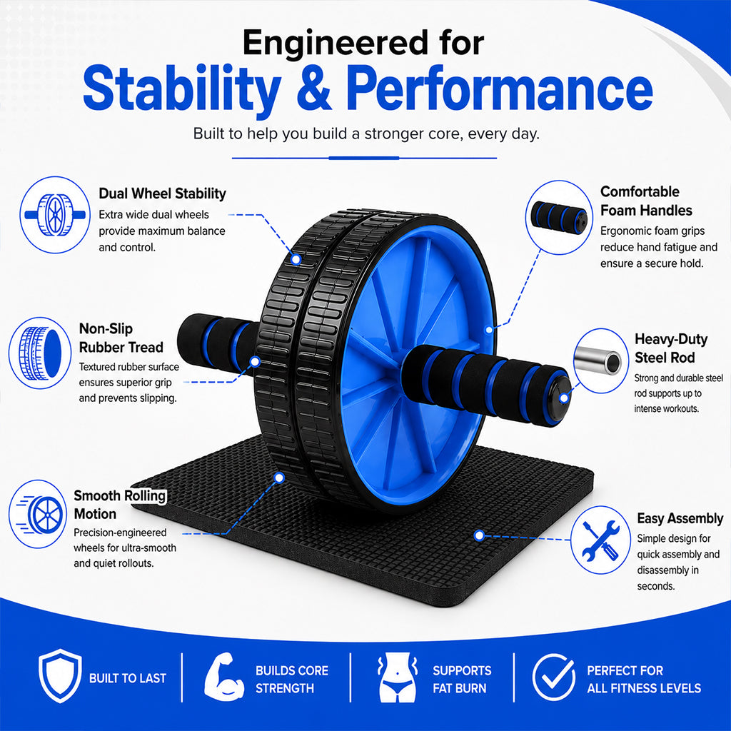 Double‑Wheel Ab Roller with Extra‑Thick Knee Pad – Ergonomic Non‑Slip Grips, Dual Stability Wheels for Core Strength Training – Compact Home Gym Essential