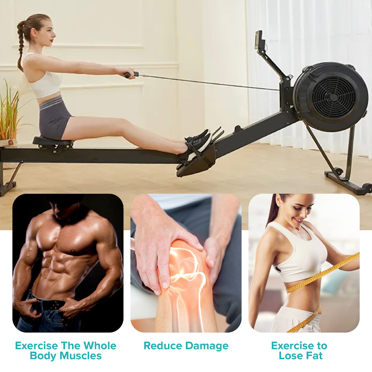 Air‑Resistance Rowing Machine, Foldable Aluminum Frame, Smart Display & Ergonomic Seat – Quiet Home Gym Rower, 10 Resistance Levels
