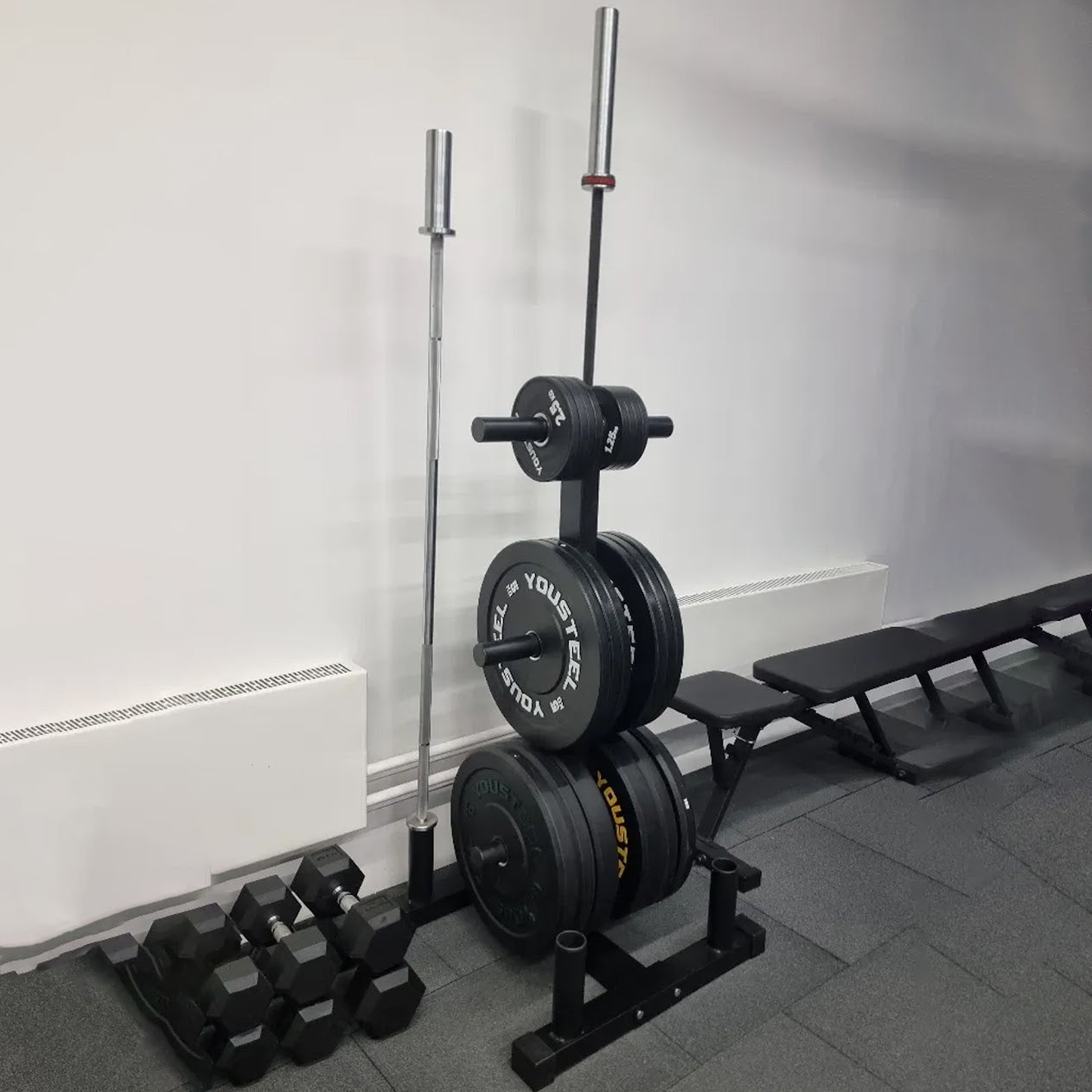 Heavy‑Duty 3‑Tier Olympic Weight Tree & Bar Stand – Powder‑Coated Steel, 200 kg Capacity, Scratch‑Resistant – Compact Barbell & Plate Storage for Home Gym